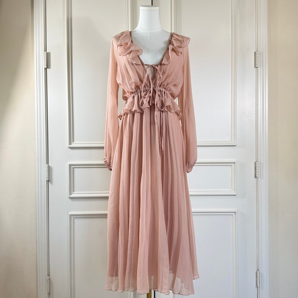 ASOS DESIGN Pleated Ruffle Long Sleeve Maxi Dress Women's 4 Pink Romantic Boho